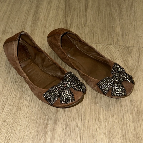 Tory Burch Brown Suede Crystal Embellished Bow Eddie Ballet Flat - Picture 5 of 10